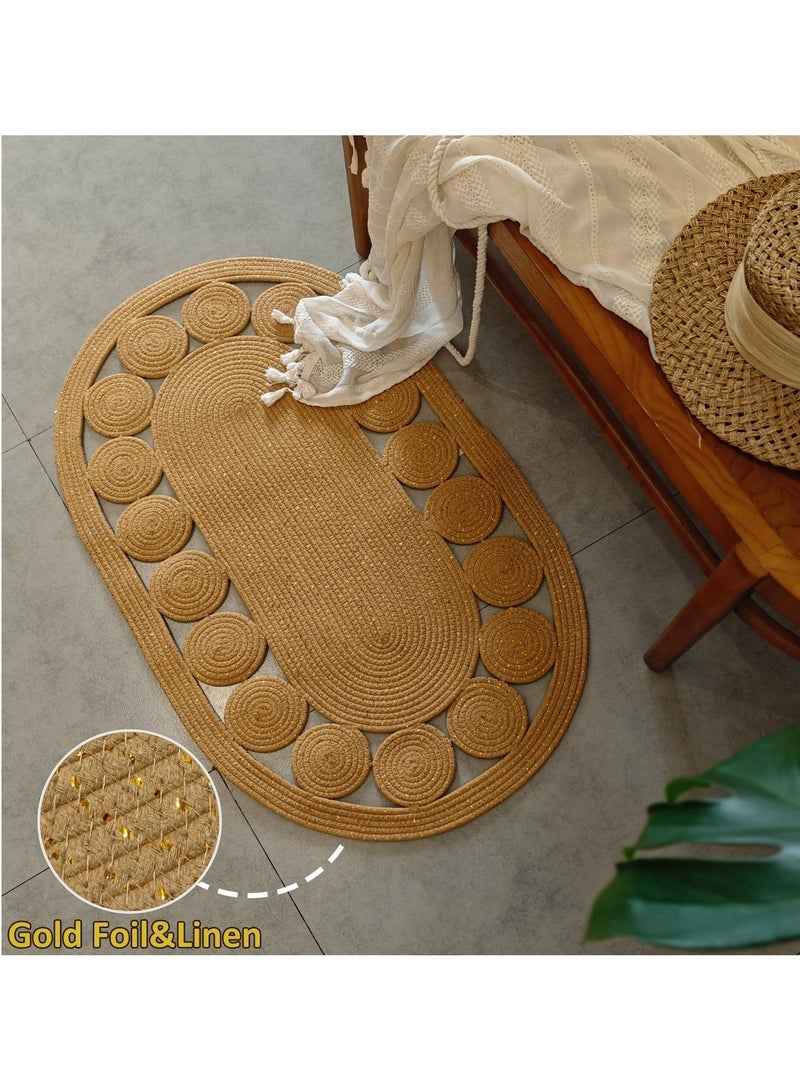 LAZY H CORNER Oval Gold Luxury Doormat - Washable Non-Slip Entrance Rug - Handwoven Linen & Cotton Mats - Soft Bohemian - Modern Entry Carpets - Image 3